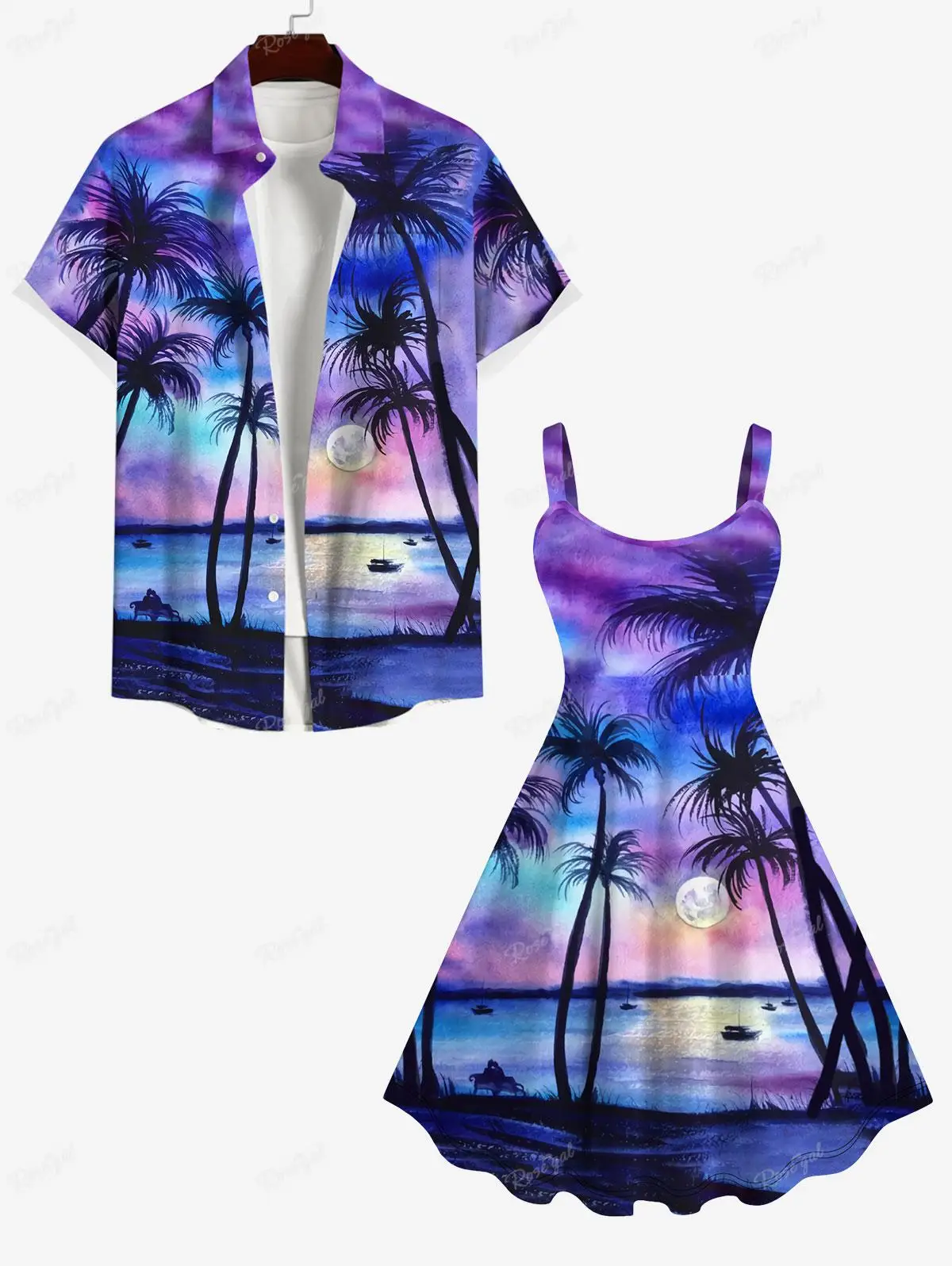 

S-3X Plus Size Matching Hawaii Beach Outfit For Couples Full Moon Coconut Tree Ombre Printed Shirt For Men Same Style Dress