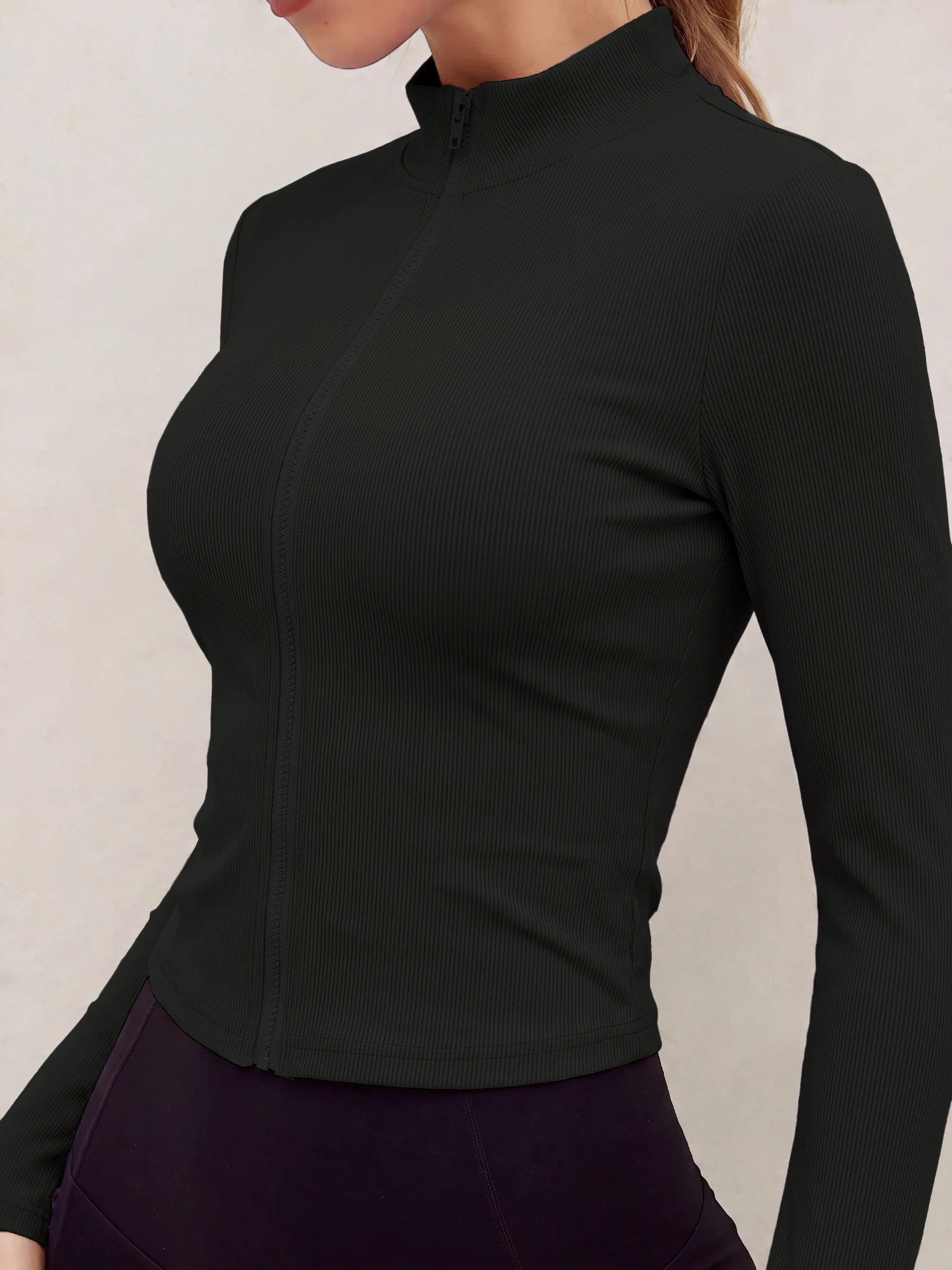 Trend Ribbed Stand Collar Zip Crop Jacket, Slim Long Sleeve Knit Top for Street Snap & Daily Y2K OOTDs image 2