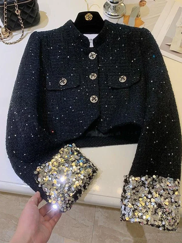 

Женская верхняя одежда Ele Heavy-Work Bla, новинка сезона Осень 2025, элегантный пальто-орто прямого кроя с пайетками, создающий ощущение роскоши