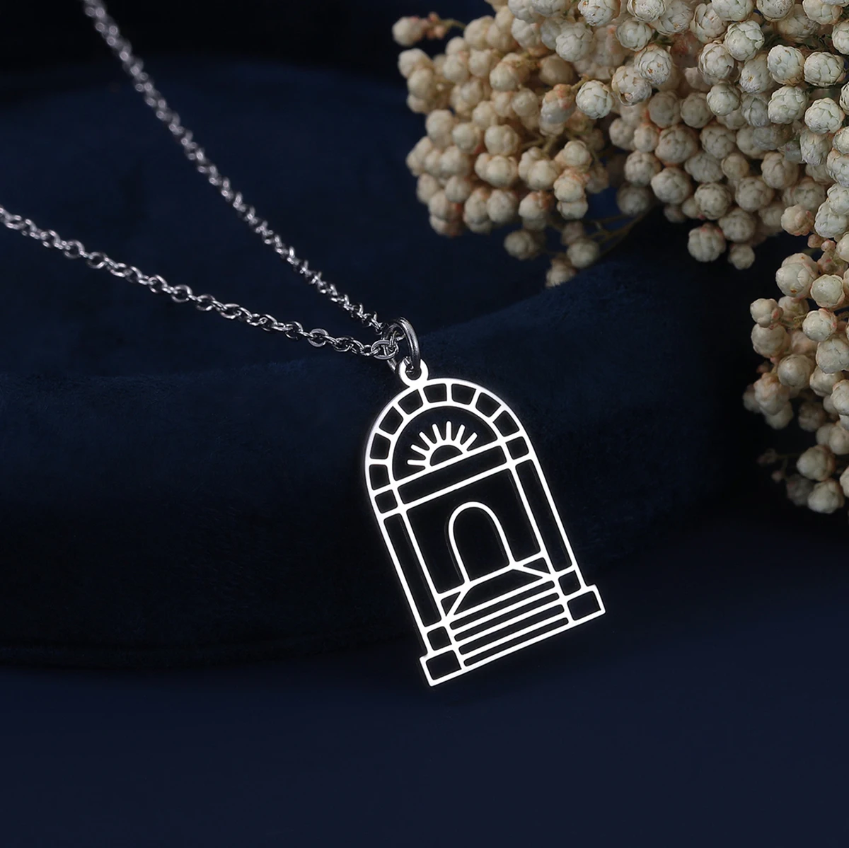 Kinitial Halskette mit kuppelförmigem Sonnen- und Sonnenschein-Anhänger aus Edelstahl für Damen, geometrische Vintage-Halskette