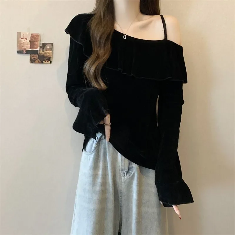 Spring New Red Velvet Long Sleeved Shirt, French Off Shoulder Small Shirt, Sexy All Match Fashion Elegant Popularity Top