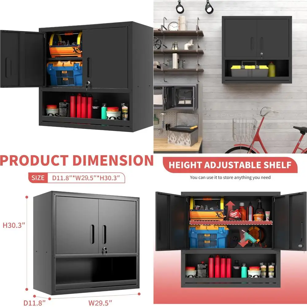 

Heavy-Duty Metal Wall-Mounted Storage Cabinet with Lock, Door, and Shelf for Garage Tools and Equipment