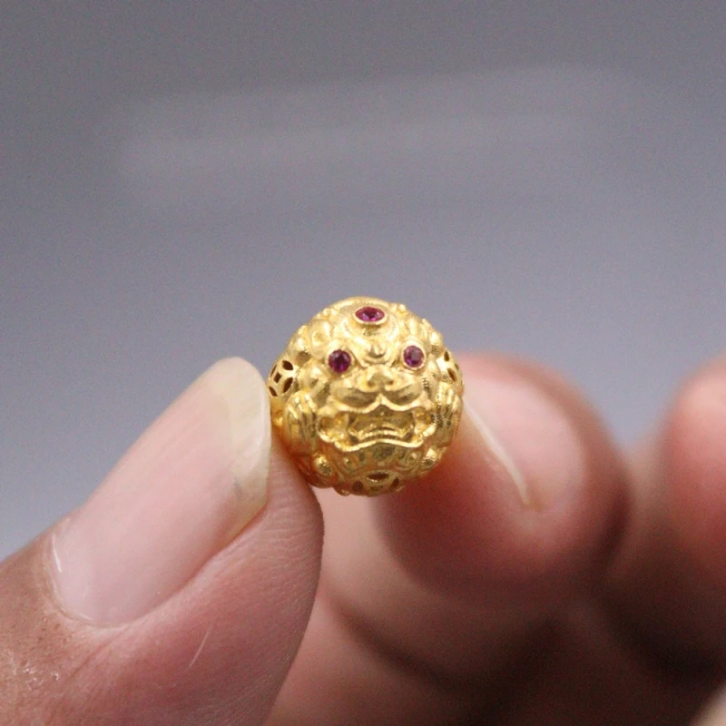 

Real Pure 18K Yellow Gold Bead Men Women Lucky Carved Pattern Pixiu Round Pendant 1.5g/12mm