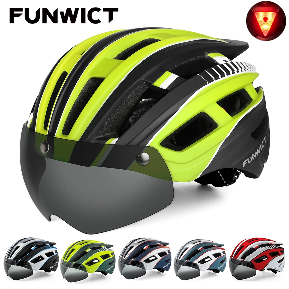 FUNWICT MTB Bicycle Helmet for Men Women with Goggles LED Rear Light Adults Cycling Safety Scooter Mountain Road Bike Helmets