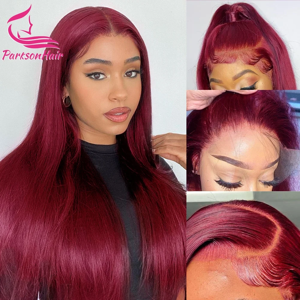 

36In 99J 13x4 13x6 Transparent Lace Frontal Human Hair Wigs Brazilian Pre-Plucking Burgundy Straight Lace Frontal Wigs For Women