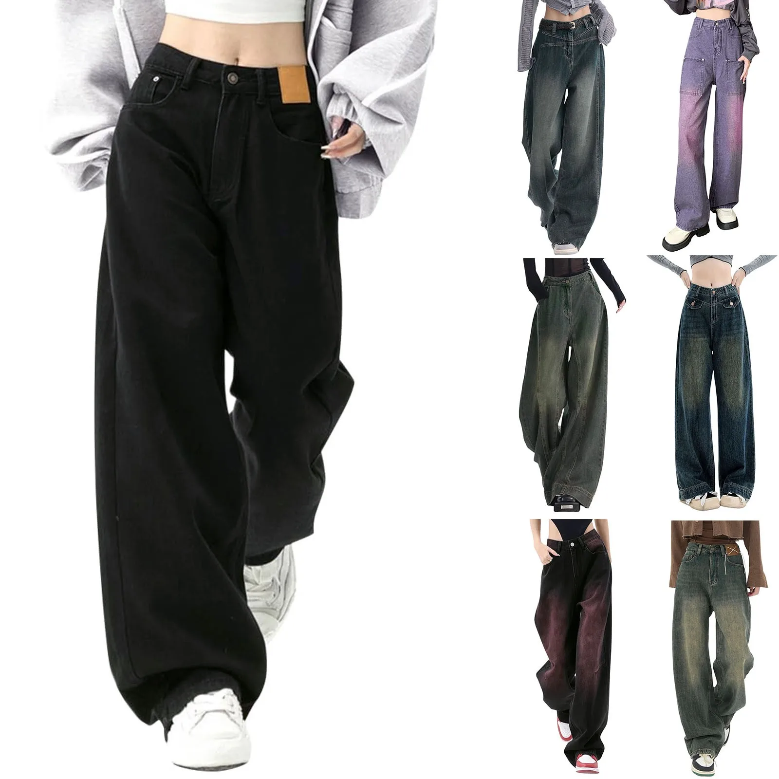 Spring Autumn Women's Jeans American Style Black Straight-leg Casual Slimming Loose-fit High-waisted Bell Bottoms Trendy Vintage