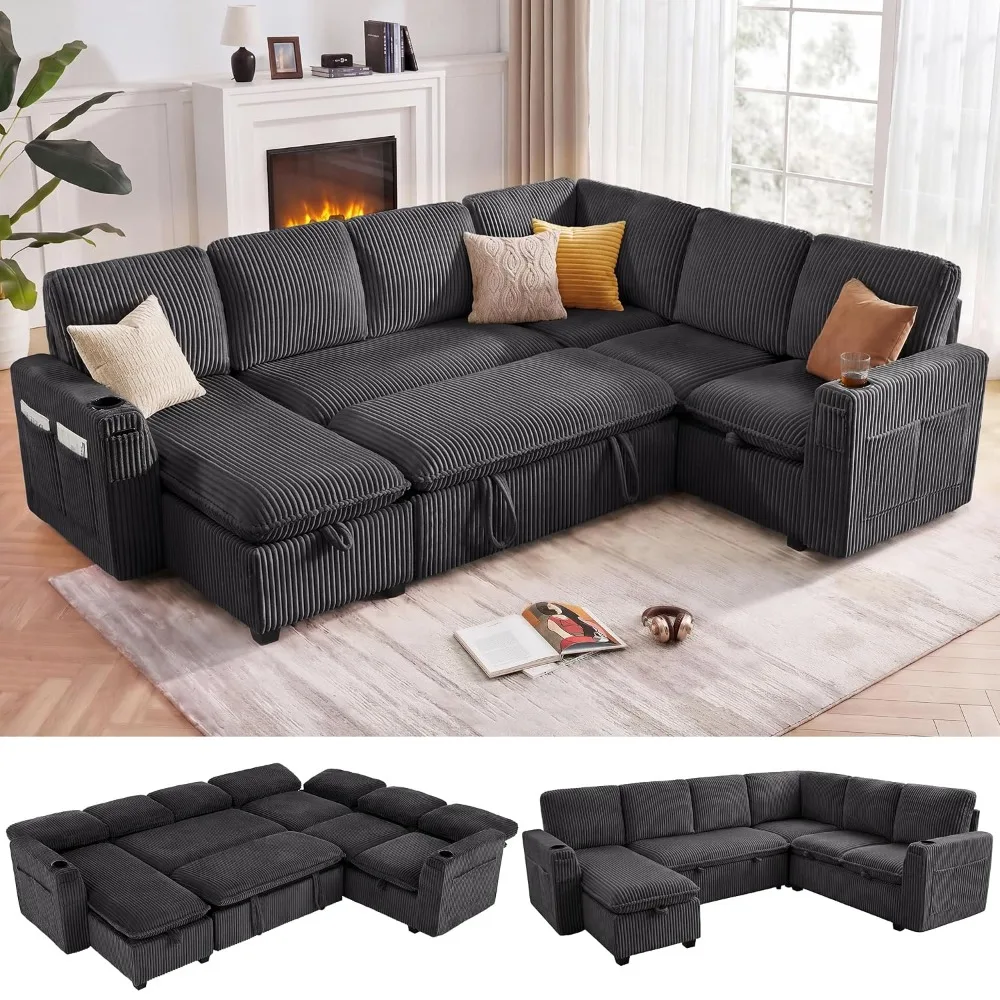 Corduroy Modular Sectional Sofa with Pull Out Bed, Storage Chaise & Adjustable Backrest,7 Seat Cloud Sofa for Living Room,Custom