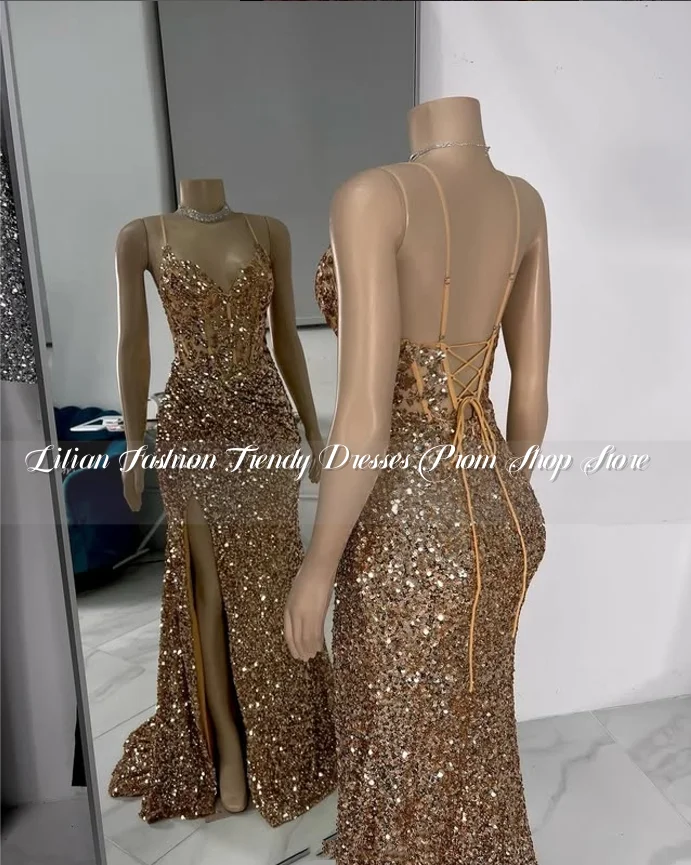 Champagne Elegant Halter Evening Dress 2025 For Women Sparkling Diamante Encrusted Sequins Sexy Split Custom vestido femininos