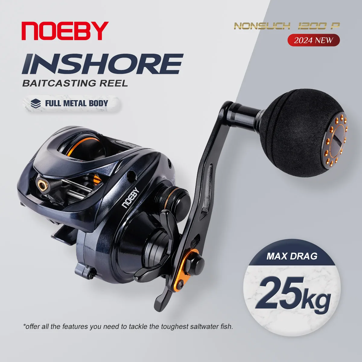 Noeby Baitcasting Fishing Reel Inshore Full Metal Body 6.3:1 Rear Ratio Max Drag 25kg Saltwater Big Game 1200P Fishing Reels