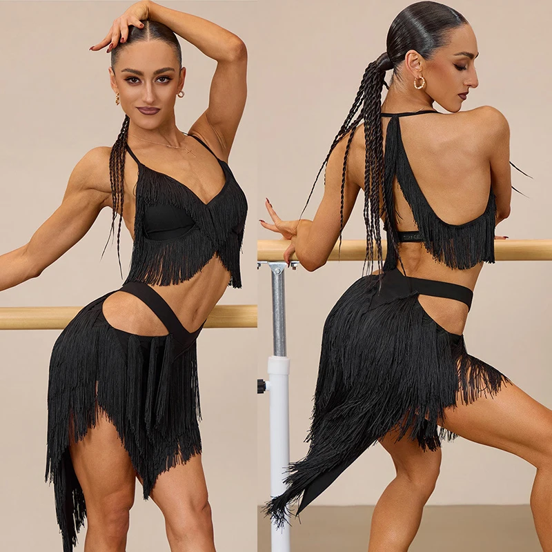 Sexy Latin Dance Costume Women Tassel Short Tops Hollow Out Waist Fringed Skirt Rumba Chacha Dance Performance Clothes DNV28074