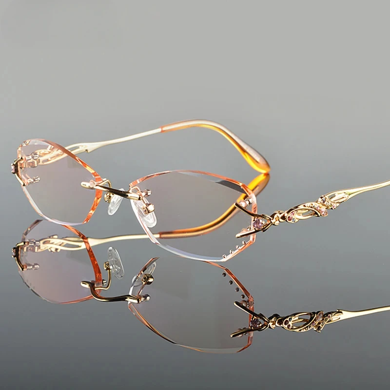 

Chashma Luxury Tint Lenses Myopia Glasses Reading Glasses Diamond Cutting Rimless Titanium Glasses Frame for Women