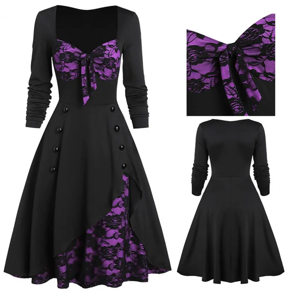 Stylish Female Dress 4 Colors Lace Stitching Polyester Skin-friendly  Comfortable Party Dress  Lady Dress Button Design