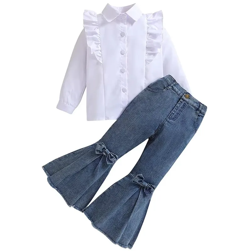 

2Piece Set Spring Autumn Toddler Girl Clothes Korean Fashion White Long Sleeve Tops+Bow Flared Jeans Boutique Kids Clothing B235
