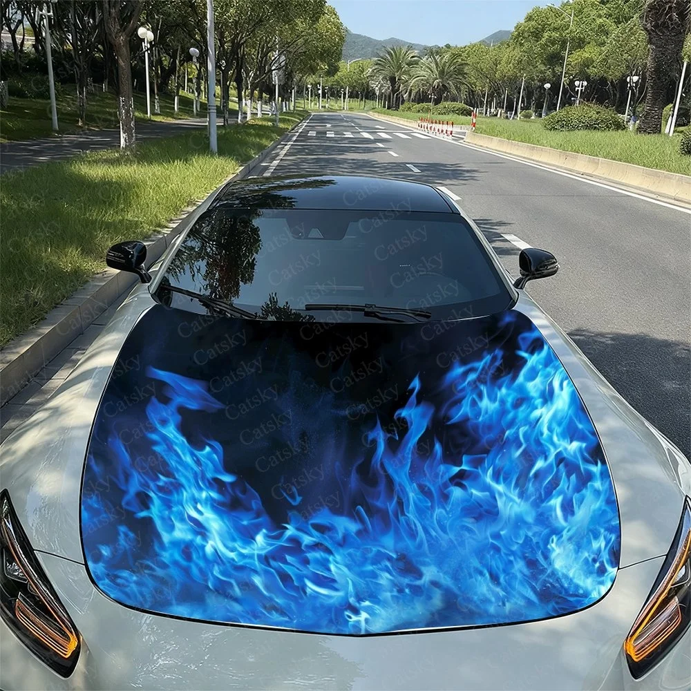 Burning Blue Flame Car Hood Sticker PVC Self Waterproof Stick, Striking Auto Exterior Accessories Decor Protect Gift for Lover