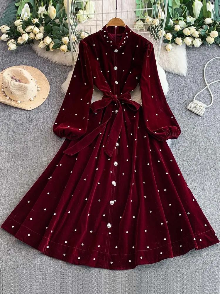 فستان فاخر عتيق مطرز بالخرز من المخمل للنساء موضة خريف وشتاء بأكمام طويلة فساتين قميص طويلة واحدة الصدر INKEO 5D257 #6