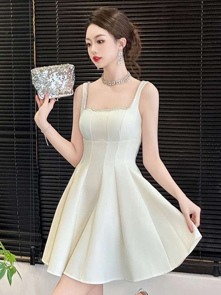 

New Summer Elegant Luxury Lady Beach Vacation Evening Dress Women Clothes Chic Sexy Strap Slim Short Party Birthday Gown Vestido