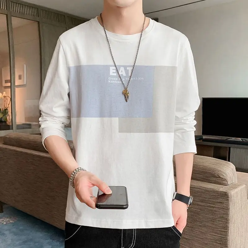 Spring and Autumn Men's Spliced   Pullover Round Collar Letter Base Loose Long Sleeve T-Board Top