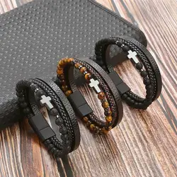Classic Fashion Cross Leather Bracelet For Men Alloy Buckle Multilayer Tiger Eye Bead Leather Bracelet High Quality Jewelry Gift