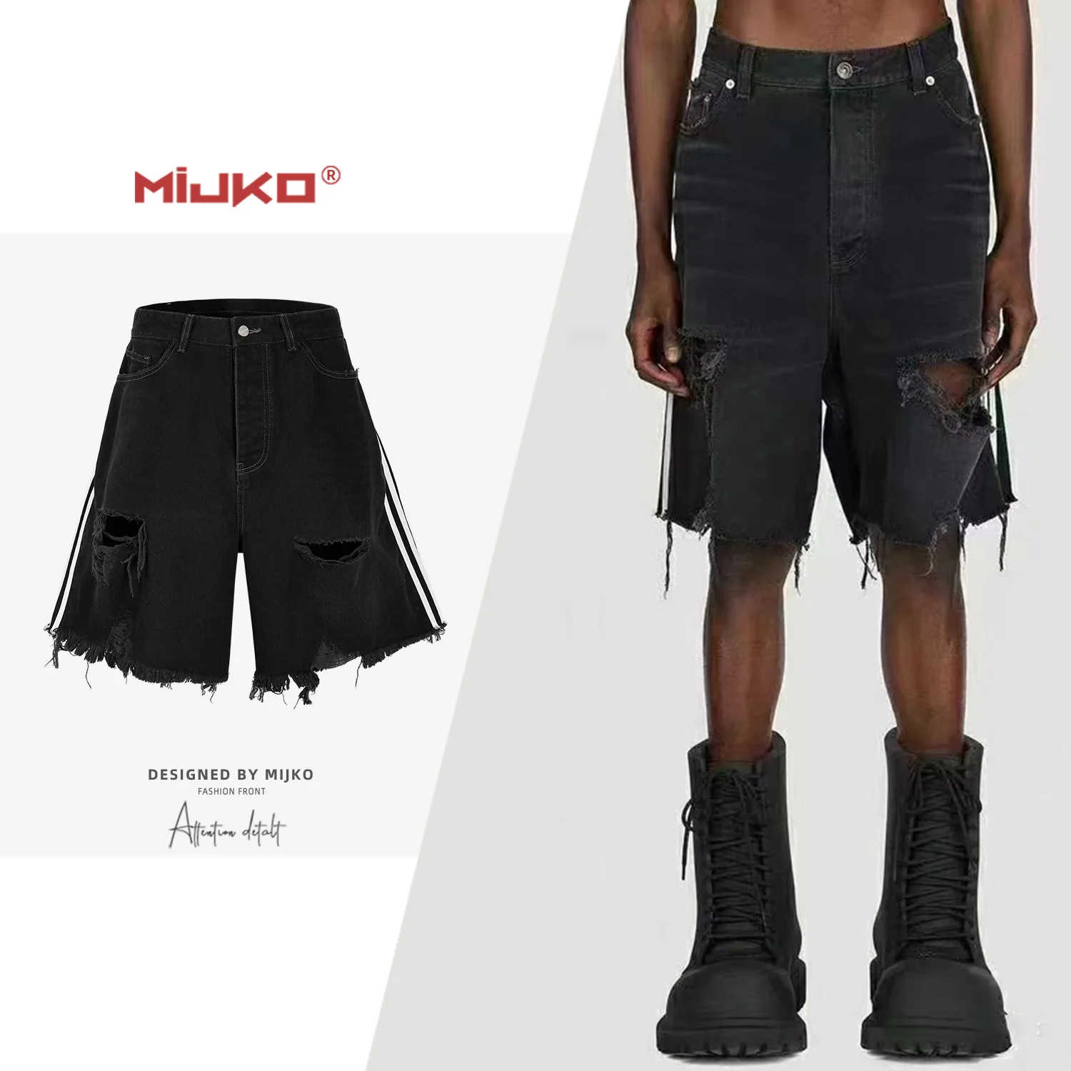 

MIJKO Hip Hop High Street Cat Whisker Denim Shorts T-GJ016