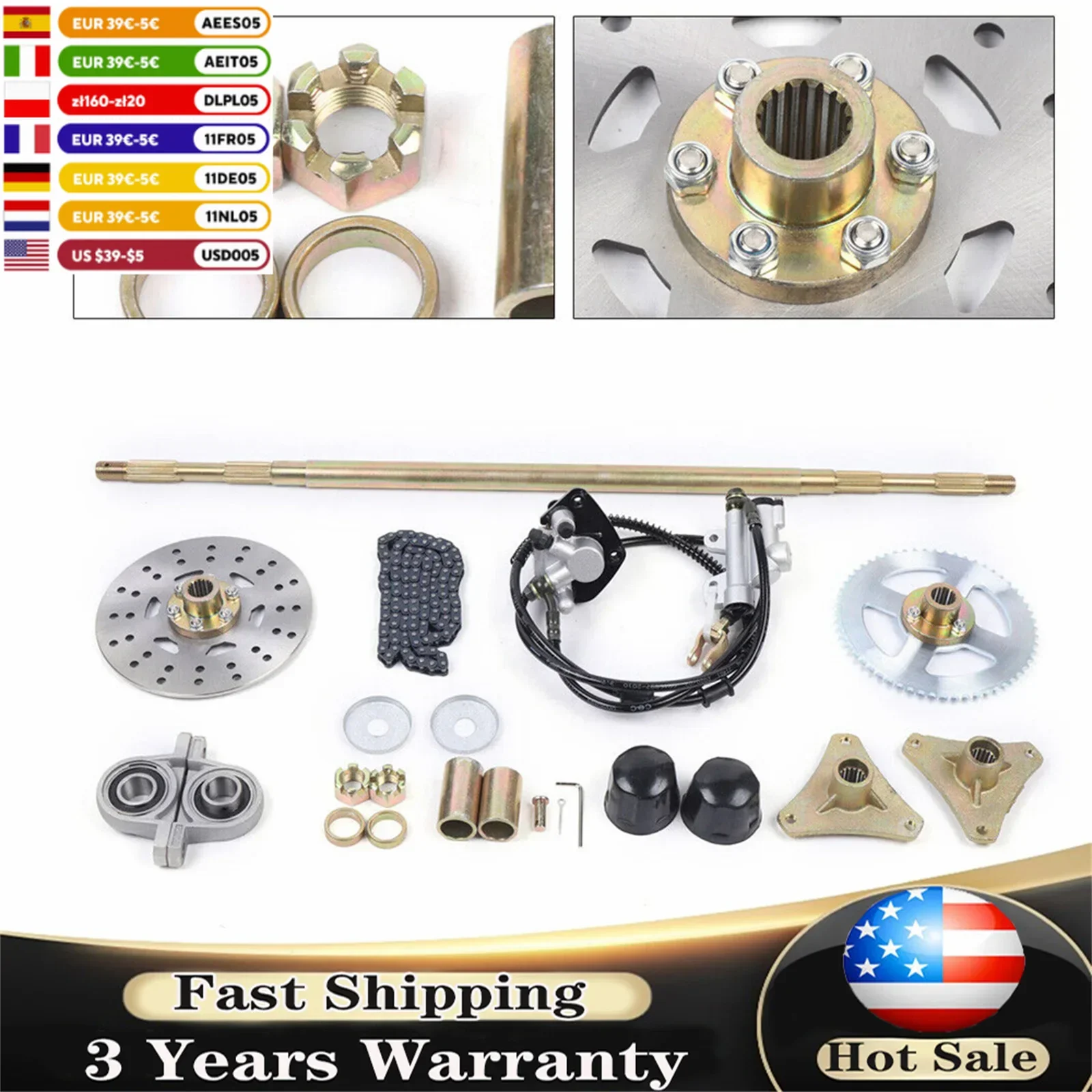 Drift Trike Go Kart Rear Live Axle Kit, Sprocket & Hub, Brake Assembly/Chain/Hub