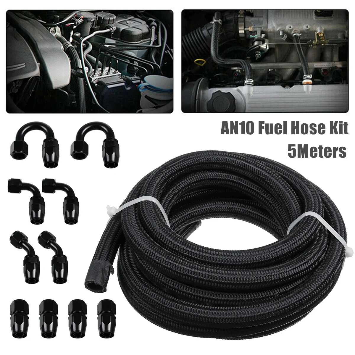 

1 Set 5 Meters Black AN10 Braided Fuel Hose Line with 0/45/90/180 Degree Hose End Fitting Adapters Hose Line Kit
