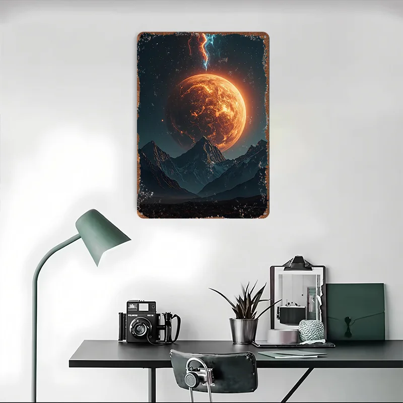 كوكب ناري فوق نطاق الجبال ملصق معدني علامات القصدير ديكور مكتب علامة معدنية مخصصة لملحقات شريط الديكور الفني الجداري