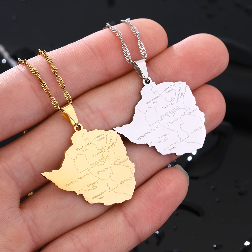 Mode Simbabwe Karte Stadt Anhänger Halskette Edelstahl Gold Silber Farbe Männer Frauen Afrika Karte Schmuck Geschenk – Detail 7