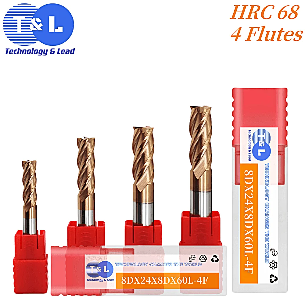 T&L HRC68 4Flutes Endmill Milling Cutter Alloy Coating Tungsten Steel Tool Cnc Maching Milling Cutter Kit Milling Machine Tools
