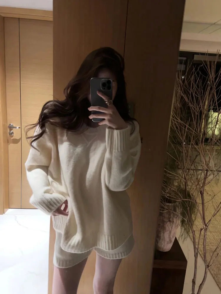 Ele Gentle Simple Color Long Sve Maglieria da donna 2025 Nuovi pantaloni ort versatili Set da due pezzi con sensazione antietà