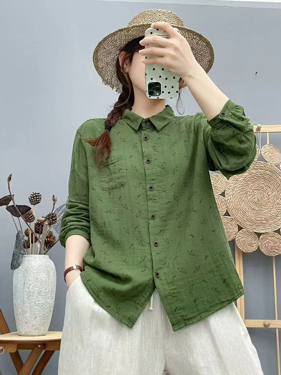 جديد 2025 قميص خريفي بأكمام طويلة من غزل القطن ، طباعة ياقة مقلوبة للسيدات ، بلوزة فضفاضة أنيقة من Mori Girl Sweet Prairie T58022CC