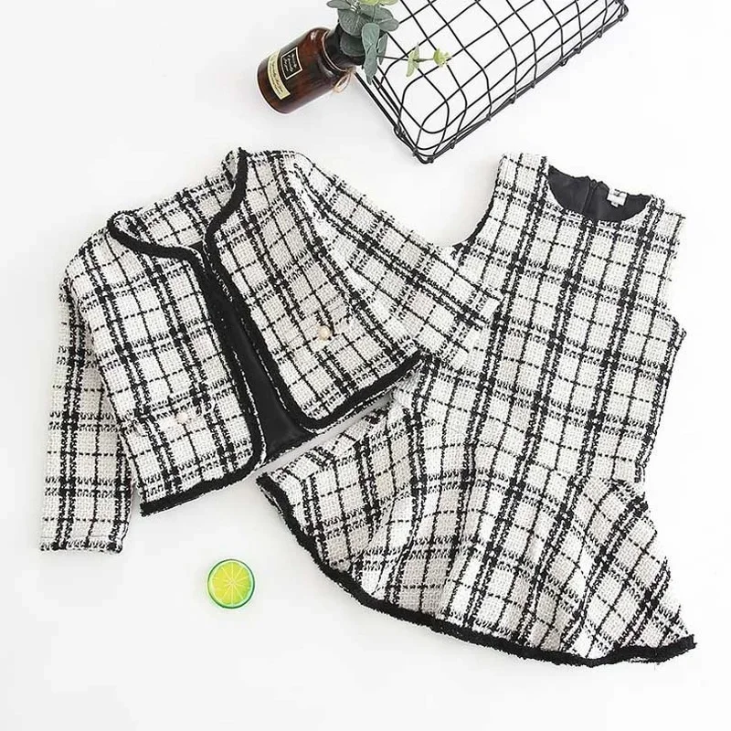 2024 Autumn Winter New Black and White Plaid Woolen Coat 2PCS Girls Fragrance Vest Dresses + Jackets Suits Baby Girl Clothes