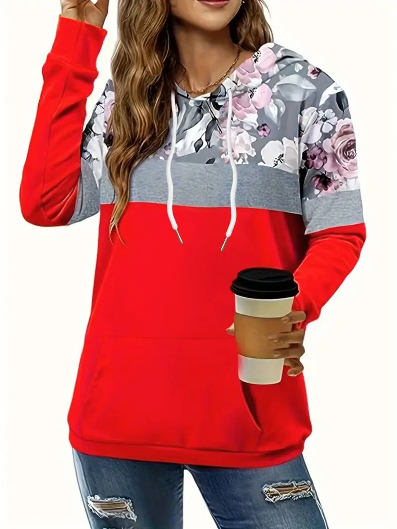 Drawstring hooded sweatshirt long sleeved loose mid length women's casual pullover top