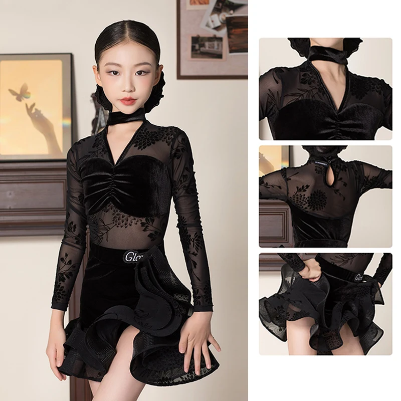 Latin dansjurk voor meisjes Tango Rumba prestatiepak Zwarte V-hals bodysuit Ruche rok Kid Latin Outfit Oefenkleding 4170
