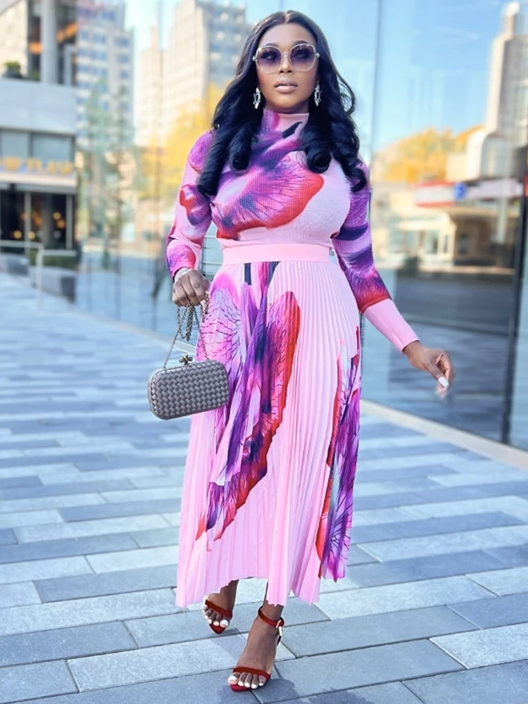 

Chic And Elegant 2 Piece Women Set Print Top Pleated Skirt Y2k Clothes Woman Plus Size Clothing Casual Female Fashion Two Outfit