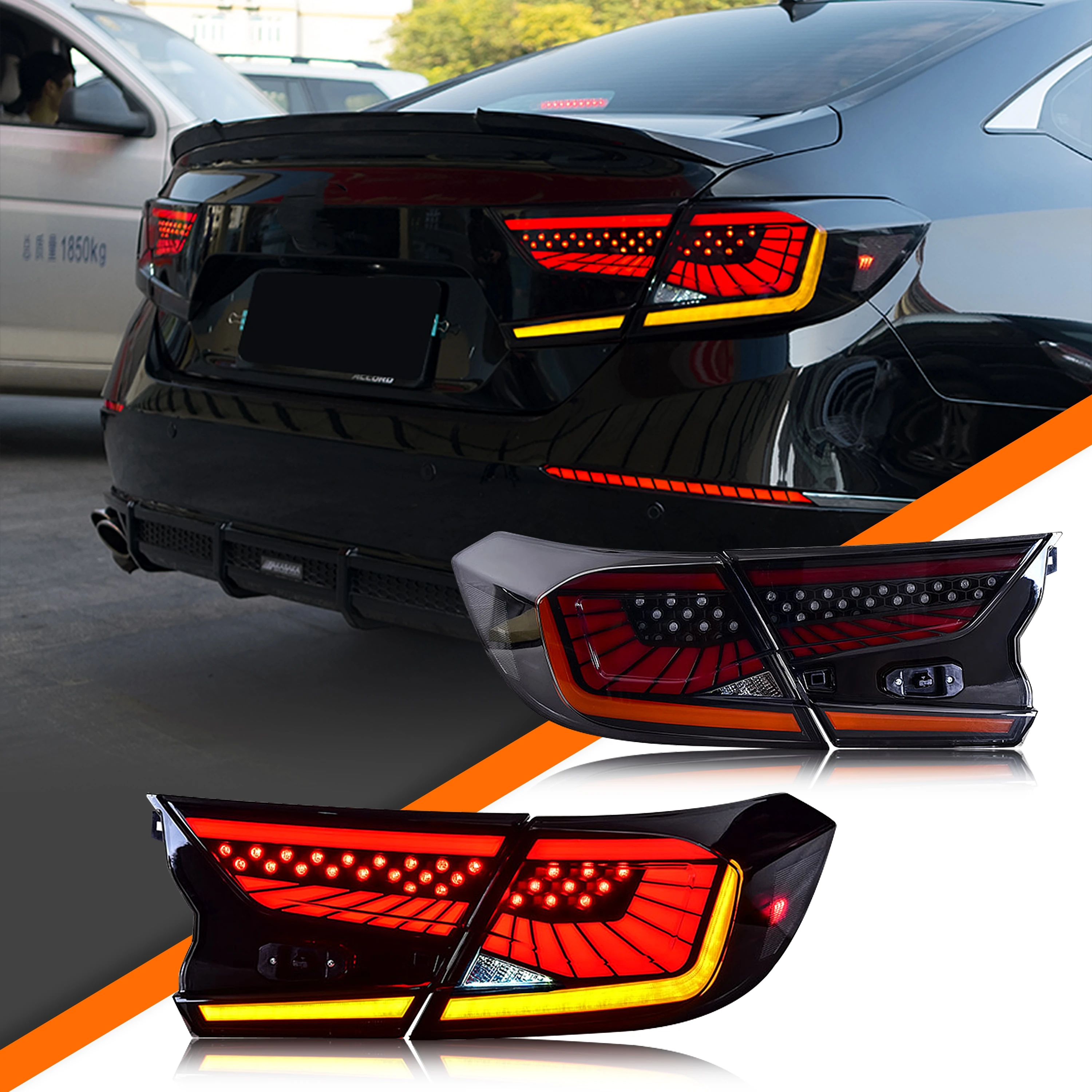 

Светодиодные задние фонари для Honda Accord 2018-2023 10-го поколения, последовательный указатель поворота, динамическая анимация, черные задние фонари V3, в сборе