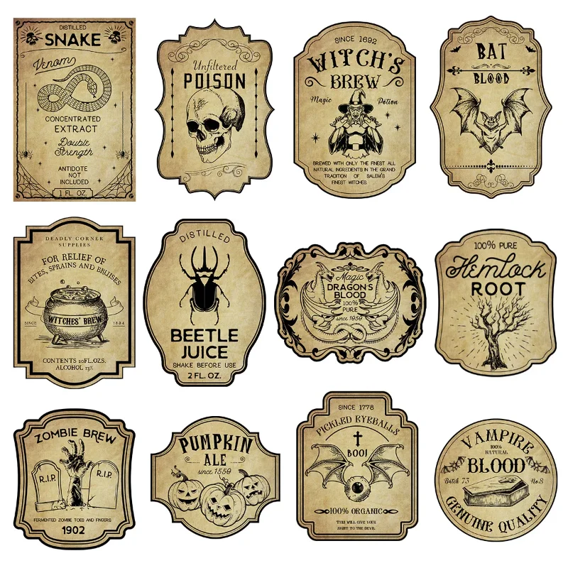 12pcs Halloween Decoration Wine Bottle Stickers Label Sticker Vintage Witch Potion Skull Sticker for Halloween Party Decor