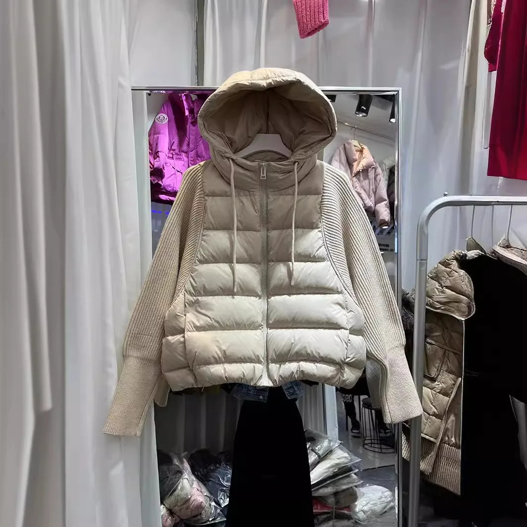 Otoño/Invierno chaqueta de plumón europea nueva para mujer chaqueta de empalme de punto con capucha para ir al trabajo