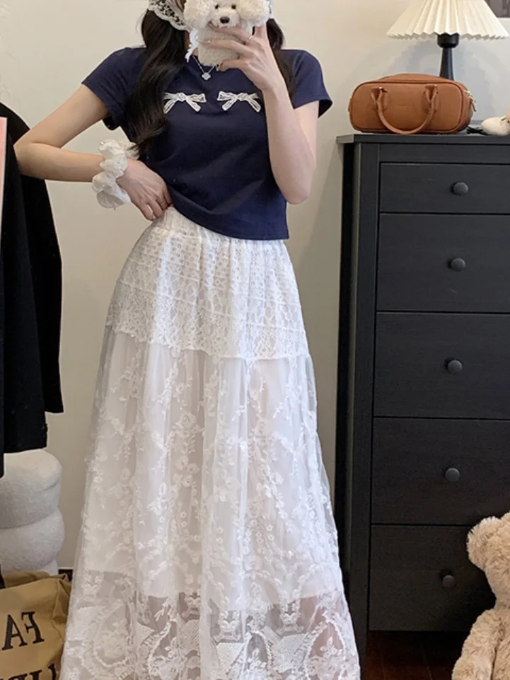 

plus Size Casual Set Summer New Design Knot Short Sleeve Top High Waist Lace Half Length Skirt A-Line Dress