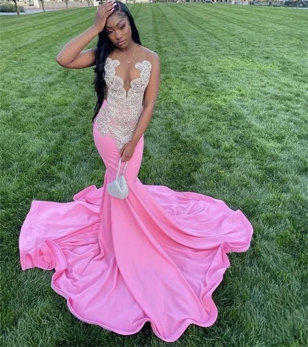 Pink Sparkly Diamond Long Prom Dresses For Black Girls Sequins Birthday Party Dresses African Evening Gown Robe De Customized