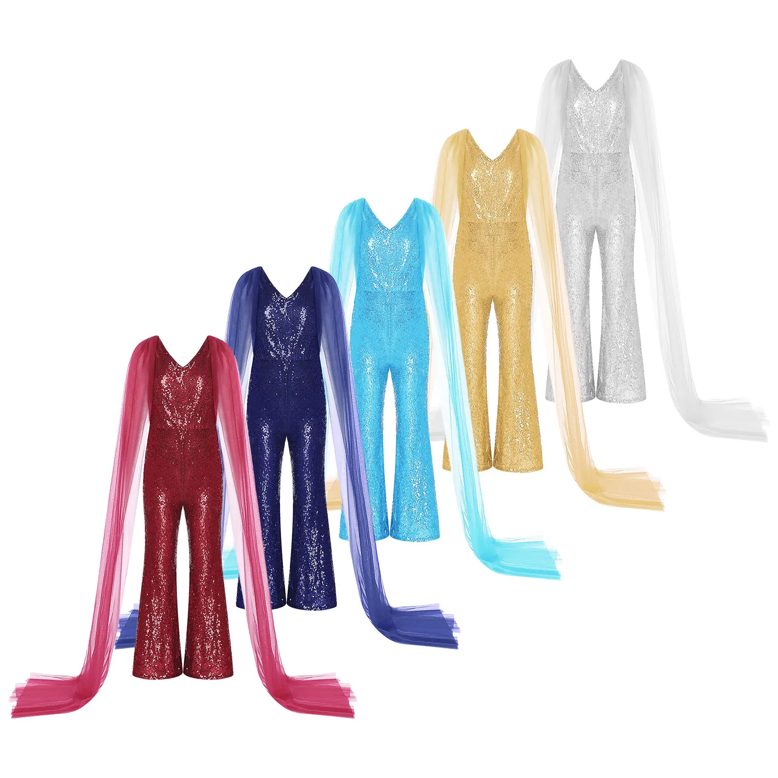 Kids Girls Shiny Sequined Jumpsuit Pants Full Body Romper Bodysuit High Waist Wide Leg Pants Wedding Evening Party Ball Gown