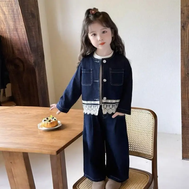 Hot Girl Cowboy Coat 2-Piece Set Spring Autumn Tops Lace Straight-Leg Pants Jeans Child Kawaii Fashion New Style Casual Clothing