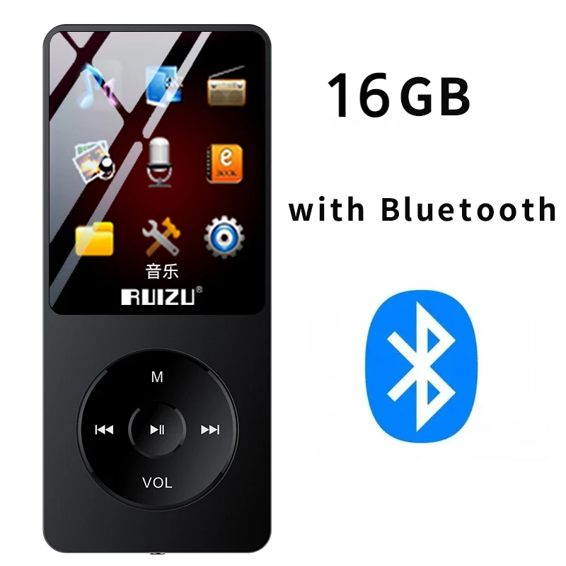 مشغل موسيقى RUIZU X02 MP3 مساحة تخزين 16 جيجابايت جهاز رياضي محمول مزود براديو 1.8 بوصة يدعم راديو FM مع ساعة تسجيل ومشغل mp3 وبلوتوث