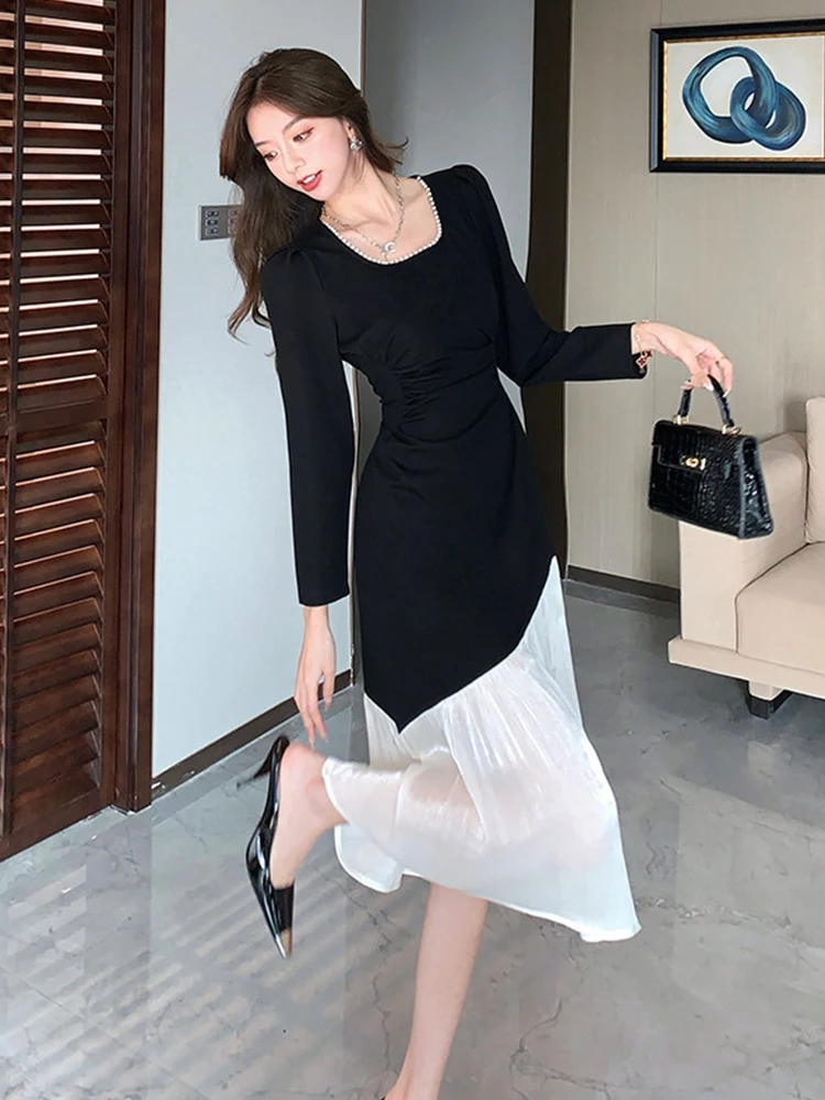 Ropa de mujer, vestido acampanado por debajo de la rodilla ajustado con cuello cuadrado y costuras en blanco y negro, Vestidos elegantes de fiesta a la moda para mujer, novedad de primavera informal