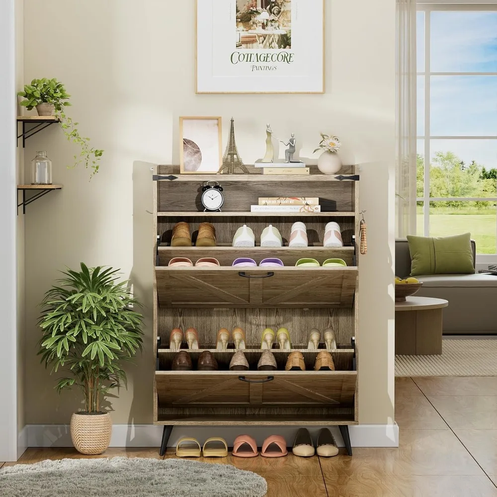 

Farmhouse Shoe Cabinet with 2 Flip Drawers Freestandingorganizer with Cubby and Shelf Narrow ShoesRack w/Legs & Door Handle