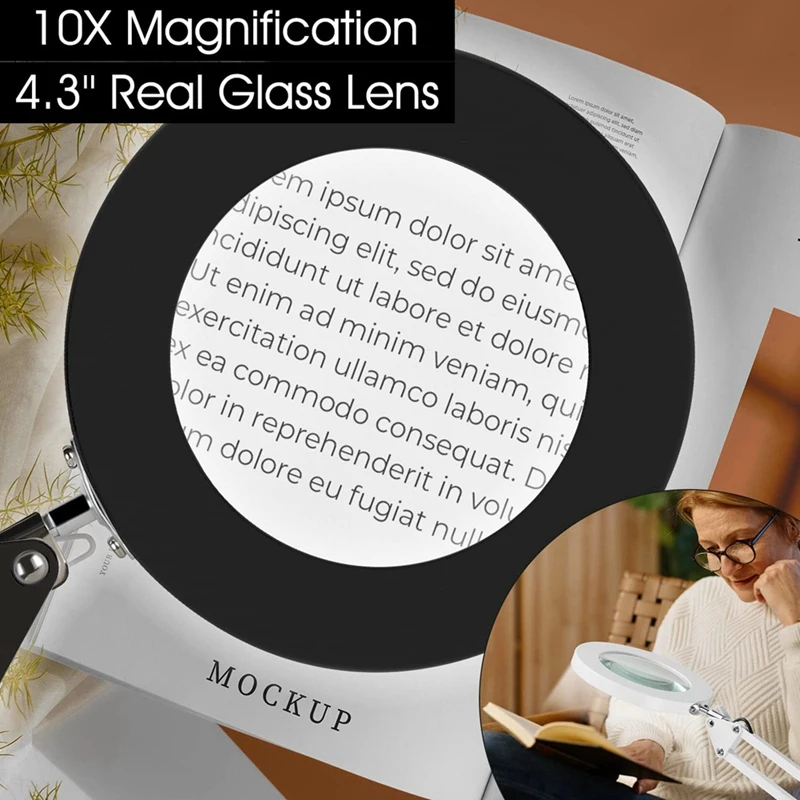 Magnifying Glass with Light and Stand, 10X Magnifying Lamp, 2-In-1 Desk Lamp with Clamp, 3 Color Modes-A50M