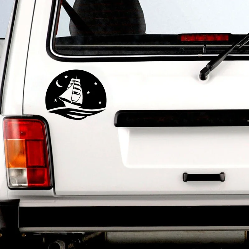 Car Stickers Interesting Sea Boat Night Cruise Car Decoration Decal Ideas Apply To Various Models Black/white, 14cm*11cm