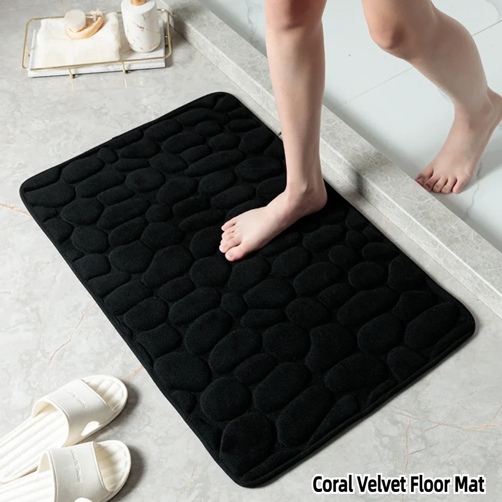 Floor Mats 1 Memory Foam Embossed Coral Fleece Carpet Bathroom Living Room Anti-Slip Mat Pebble Floor Mat Home Furnishings Foot