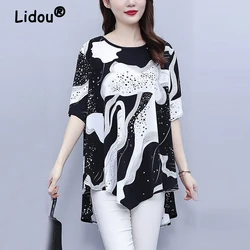 Women's Korean Fashion Print Asymmetrical Elegant Blouse Summer O Neck Short Sleeve Shirt Casual Loose Tunic Tops Chiffon Blusas