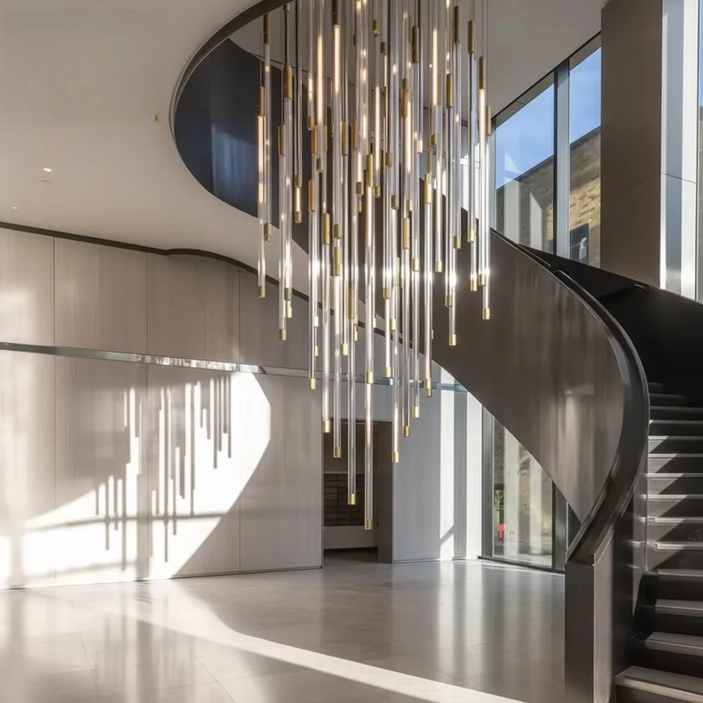 Custom Project Luxury Modern LED Chandelier Light Stainless Steel Glass Tube Adjustable Height for Home Hotel Hanging Crystal