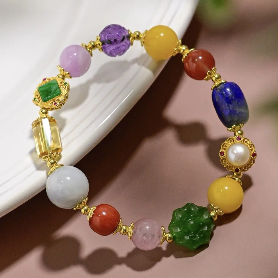 Natural Multicolor Multi‑Gem Bracelet,Jasper Amber Lapis Lazuli Agate Amethyst Jadeite,Silver‑Gilt Chinese‑Style Jewelry